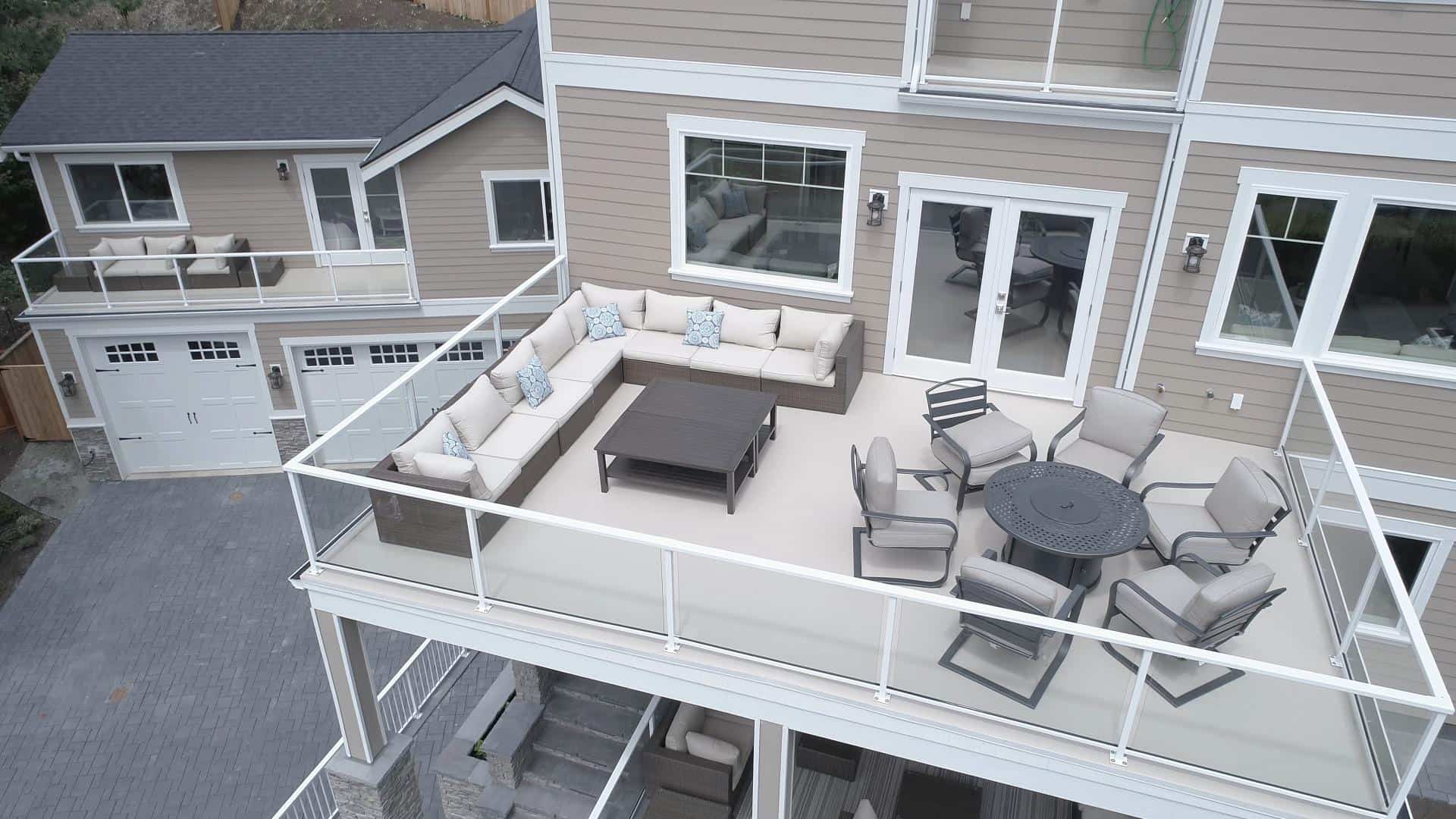 a sky view of a beautiful white deck that has been coated with urethane.